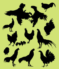 Rooster, hen, and chicken silhouettes