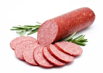 Foto op Plexiglas Smoked sausage salami isolated © svetamart