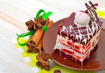 Delicious cake with chocolate and cherry on background sacking