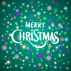 Merry Christmas lettering on green background, vector illustration