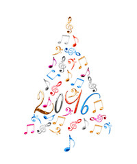 2016 christmas tree with colorful metal musical notes isolated on white background