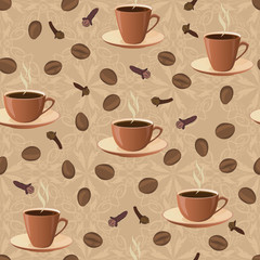 Seamless pattern with cups of coffee  and coffee beans.