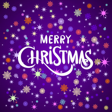 Hand painted brush lettering 'We wish you a merry Christmas'. White snowflakes on violet and pink blurred background.