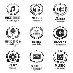 Obraz premium Music studio logos with wreaths vintage vector set. Hipster and retro style. Perfect for your business design.