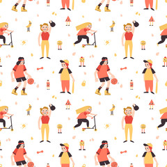 Sports girls (basketball, scooter, baseball, weight lifting) minimalistic cartoon style vector seamless pattern
