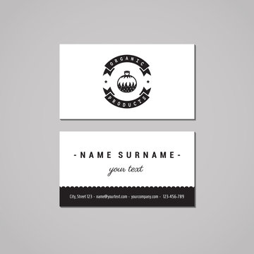 Organic food business card design concept. Food logo with garnet and ribbons. Vintage, hipster and retro style. Black and white.