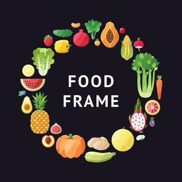 Fruit vector circle frame background. Modern flat design. Healthy food background.