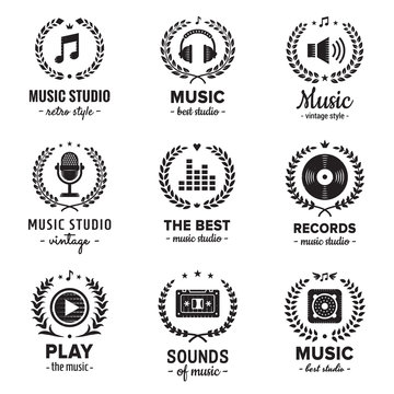 Music studio logos with wreaths vintage vector set. Hipster and retro style. Perfect for your business design.