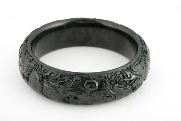 Black jade bacelet with chinese pattern isolated on white backgr