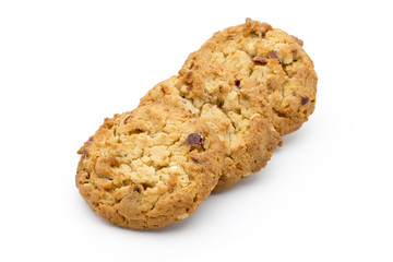 Oatmeal cookies with cranberries on a white background.