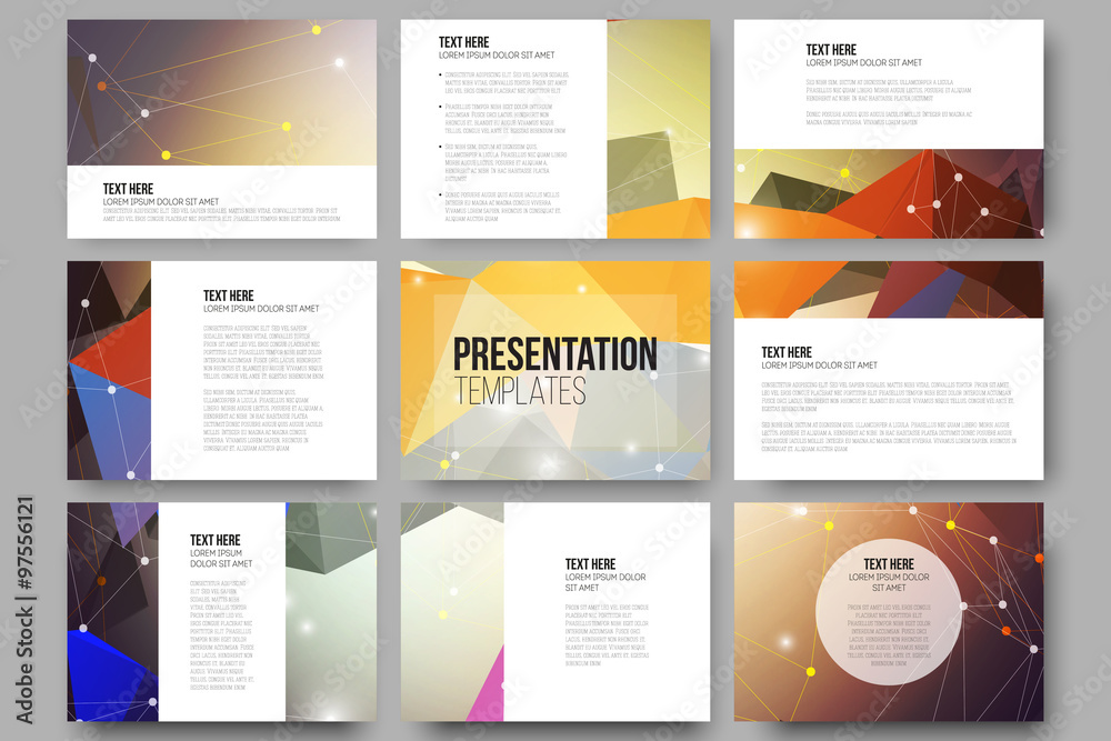 Wall mural set of 9 vector templates for presentation slides. colorful graphic design, abstract background