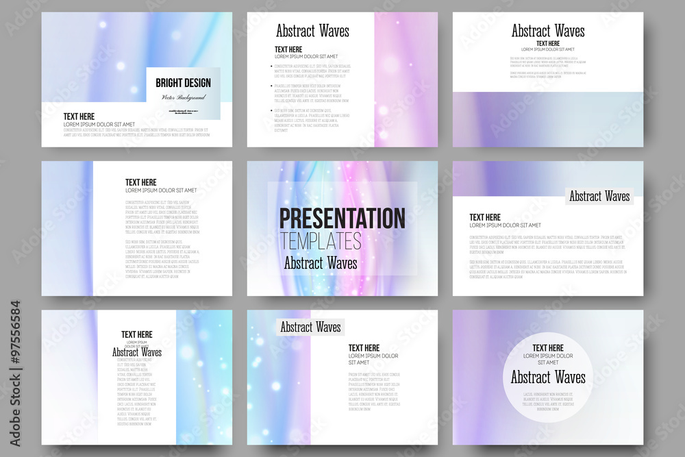 Poster set of 9 templates for presentation slides. abstract wave vector background
