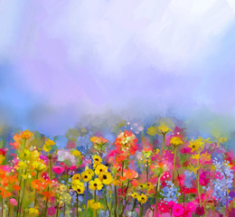 Fototapeta na wymiar Abstract art oil painting of summer-spring flowers. Cornflower, daisy flower in fields. Meadow landscape with wildflower, Purple-blue Sky color background. Hand Paint floral Impressionist style