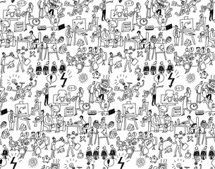 Office life seamless pattern business people black and white. 