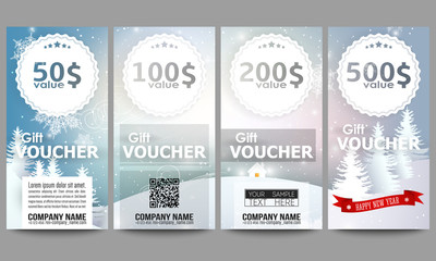 Set of modern gift voucher templates. Merry Christmas and happy New Year vector background