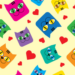 Seamless vector background with decorative cats and hearts