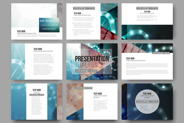 Set of 9 vector templates for presentation slides. DNA molecule structure on a green background