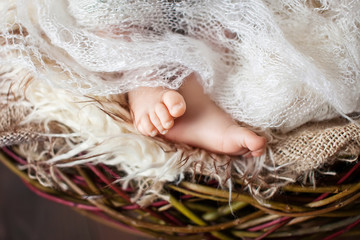 Obraz premium Close up picture of new born baby feet on knitted plaid in a wat