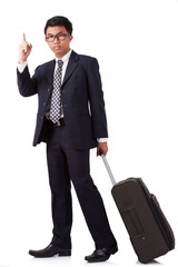 Businessman running with suitcase and pointing up on a white background