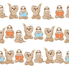 Vector seamless pattern with cute cartoon  sloth  on white   background.