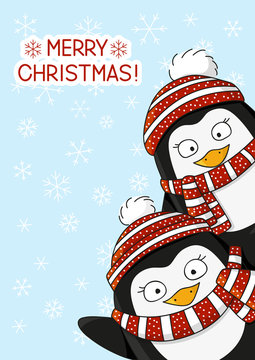 Christmas card with cute cartoon penguins 