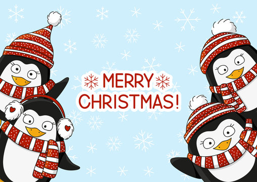 Christmas card with cute cartoon penguins