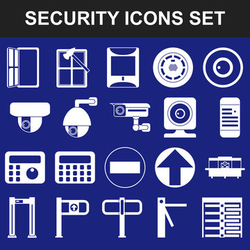 Video surveillance metal and alarm detectors turnstiles. Security icons set flat