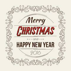 Merry Christmas and Happy New Year Card. Retro Typography Style with Swirls. Vector Illustration.