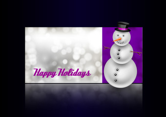 Snowman on the christmas greeting card. Abstract bokeh backgroun