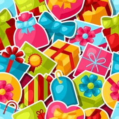 Seamless celebration pattern with colorful sticker gift boxes