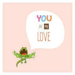 Naklejka premium Vector card by Valentine's Day with cartoon dragon singing about love.