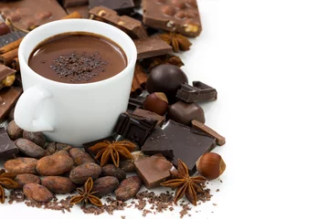 Foto auf Acrylglas Schokolade Tasse heiße Schokolade und Zutaten, isoliert auf weiss