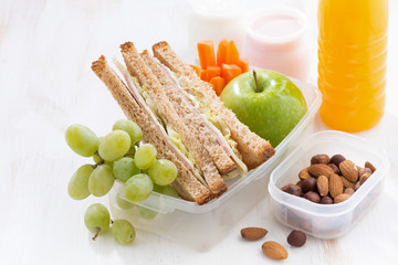 school lunch with sandwiches and fruit