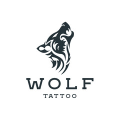 Wolf howling  the moon in style of tattoos  flat one color logo mark, quality pro illustrations