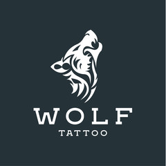 Wolf howling  the moon in style of tattoos  flat one color logo mark, quality pro illustrations