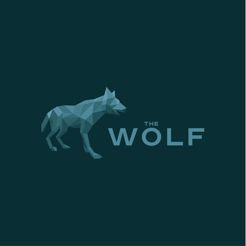 Wolf Low poly poligonyn style vector illustration logo in blue shades of the quality mark