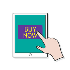 Online Shopping, a hand drawn vector illustration of a tablet and a hand about to click the buy button on an online shop service website (editable).