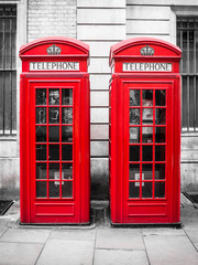 Traditional red telephone booths in London, England