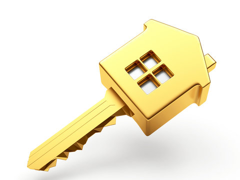 Mortgage concept. Golden house shape key isolated on white background
