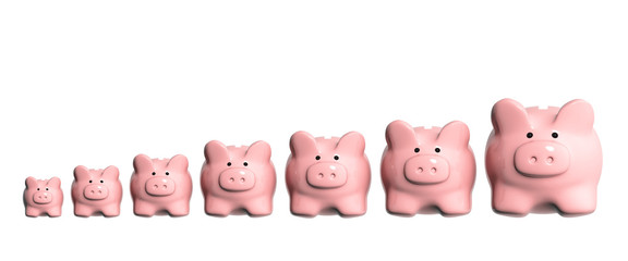 Seven piggy banks from different sizes