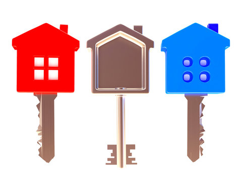 Colorful set of three house shape keys isolated on white background