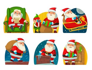 Santa Claus and elf deliver gifts. Set flat vector illustration for New Year and Merry Christmas.