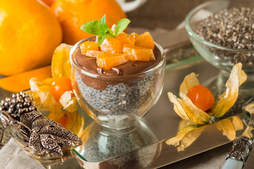 Chocolate chia seed pudding in glass bow