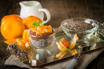 Chocolate chia seed pudding in glass bow