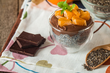Chocolate chia seed pudding in glass bow