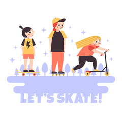 Let's Skate! minimalistic cartoon style vector poster (background). Sports teenage girls (young women) background.