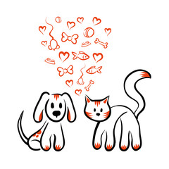 cat and dog love - vector isolated hand drawn sketch