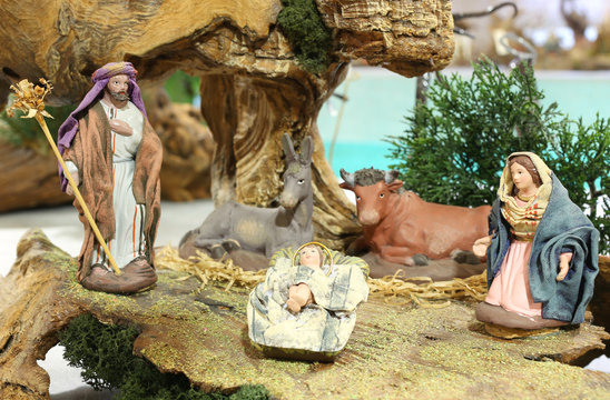 classic nativity scene with baby Jesus with St Mary St Joseph an