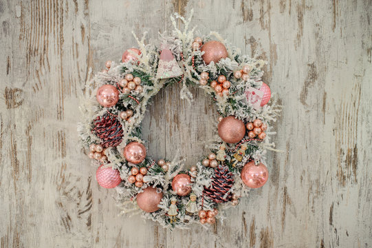 Christmas Wreath With Pink Decor And Bubbles