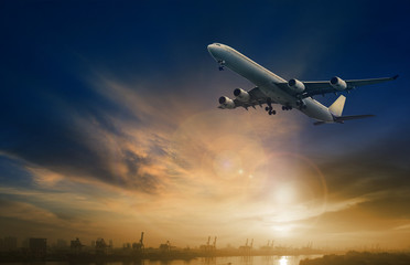 Fototapeta na wymiar passenger plane flying on beautiful dusky sky